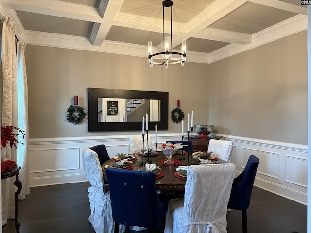 dining area featuring dark wood-type flooring, beamed ceiling, and coffered ceiling