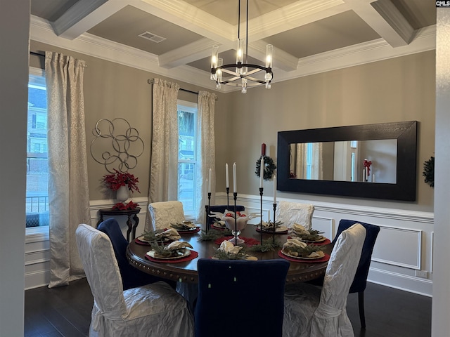 dining area with beamed ceiling, dark hardwood / wood-style floors, a notable chandelier, crown molding, and coffered ceiling