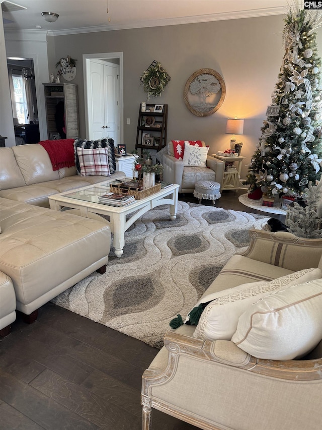 living room with dark wood-type flooring and crown molding