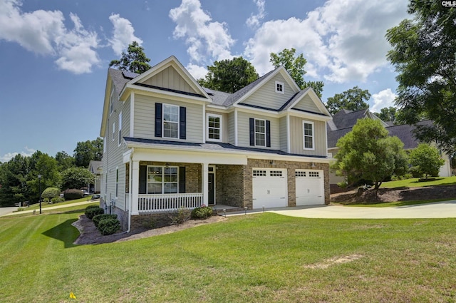 craftsman-style house with a porch, a garage, and a front lawn