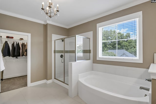 bathroom with tile patterned flooring, separate shower and tub, crown molding, and an inviting chandelier