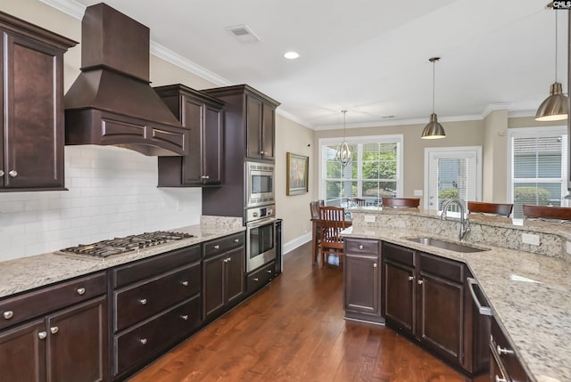 kitchen featuring sink, stainless steel appliances, dark hardwood / wood-style flooring, decorative light fixtures, and custom range hood