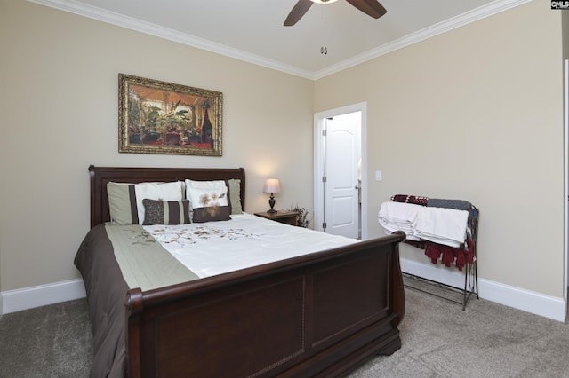 bedroom with carpet flooring, ceiling fan, and crown molding