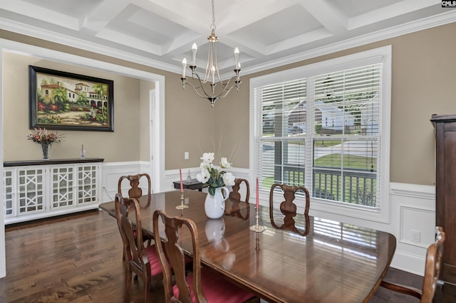 dining space with a chandelier, beam ceiling, and coffered ceiling