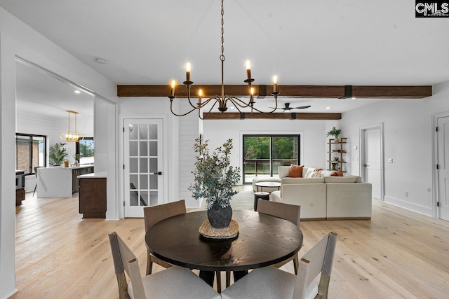 dining space with beamed ceiling, light wood-type flooring, ceiling fan, and a healthy amount of sunlight