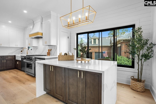 kitchen with dark brown cabinetry, stainless steel range, light hardwood / wood-style floors, white cabinets, and custom range hood