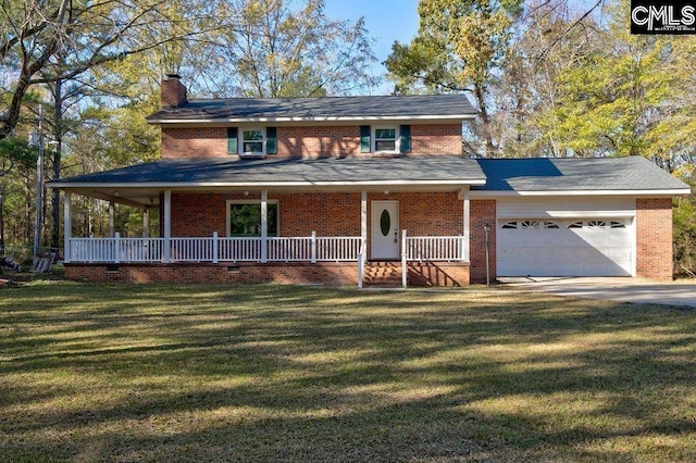 farmhouse with a front lawn, covered porch, and a garage