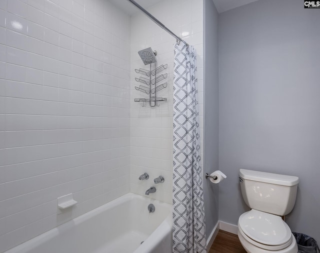 bathroom featuring shower / bath combination with curtain, toilet, and wood-type flooring