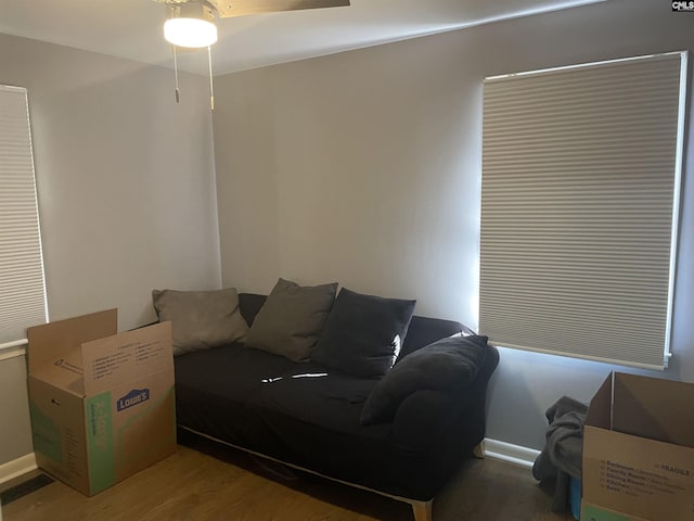 living room with ceiling fan and wood-type flooring