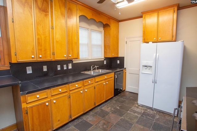 kitchen with black dishwasher, decorative backsplash, white fridge with ice dispenser, and sink