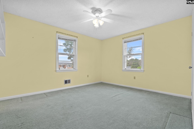 carpeted empty room featuring plenty of natural light, ceiling fan, and a textured ceiling