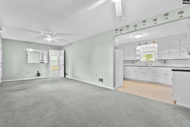 unfurnished living room featuring plenty of natural light, light colored carpet, a textured ceiling, and sink