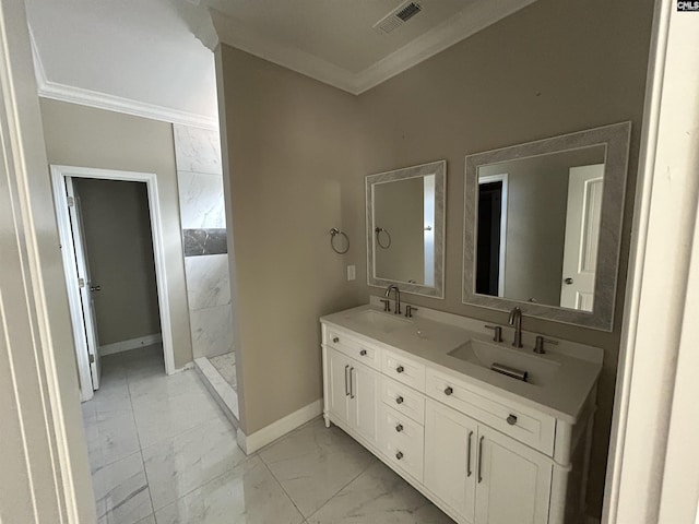 bathroom featuring vanity, walk in shower, and ornamental molding