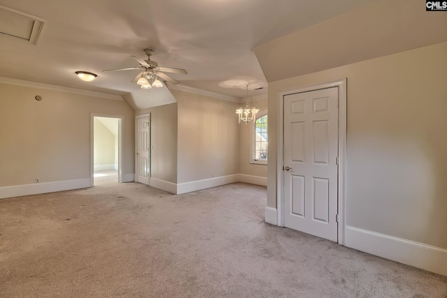 unfurnished room featuring crown molding, light colored carpet, and ceiling fan with notable chandelier