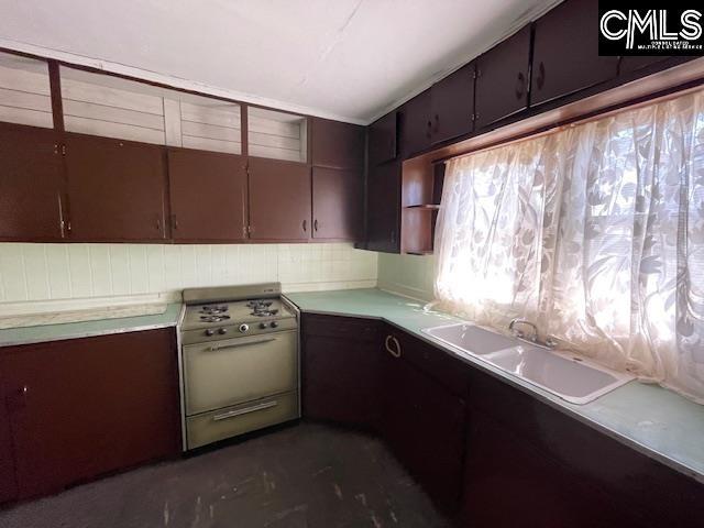 kitchen with range, dark brown cabinetry, and sink