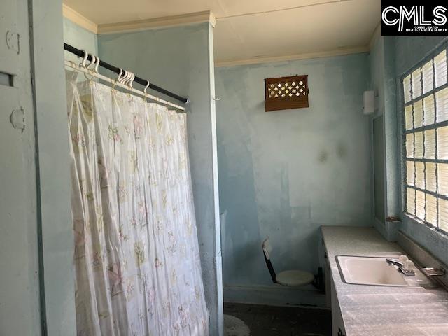 bathroom featuring curtained shower and vanity