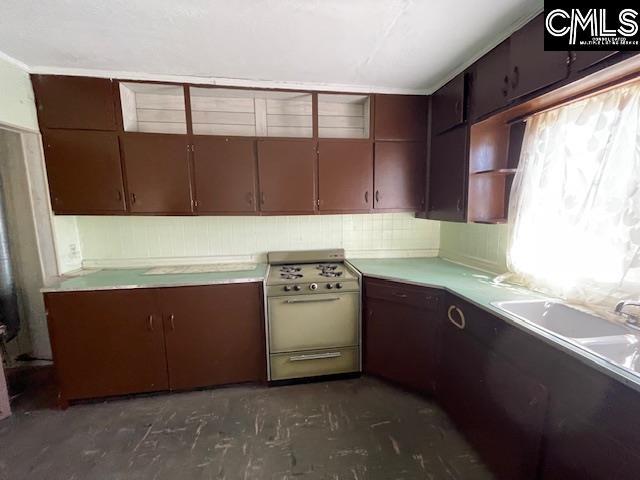 kitchen featuring range, dark brown cabinets, and sink