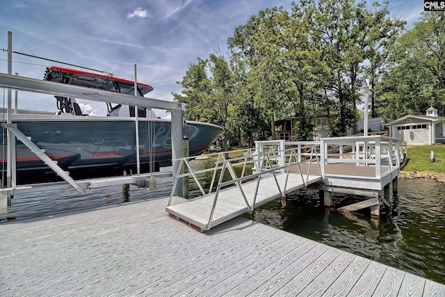 view of dock with a water view and boat lift