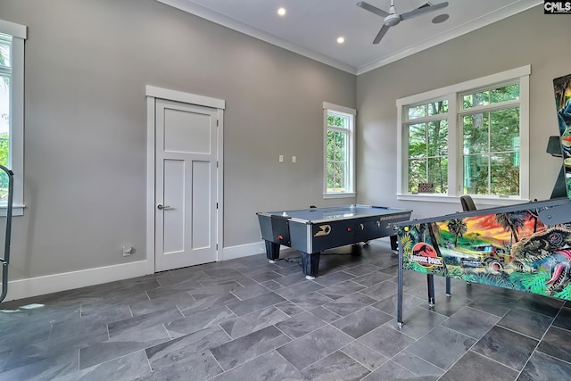 game room featuring baseboards, ceiling fan, recessed lighting, and crown molding