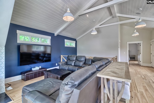 living room with light wood-type flooring, high vaulted ceiling, baseboards, and beamed ceiling