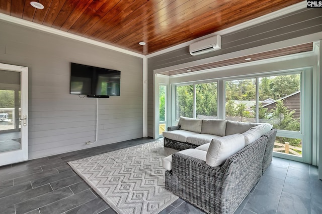 sunroom / solarium with a wealth of natural light, wood ceiling, and a wall mounted AC