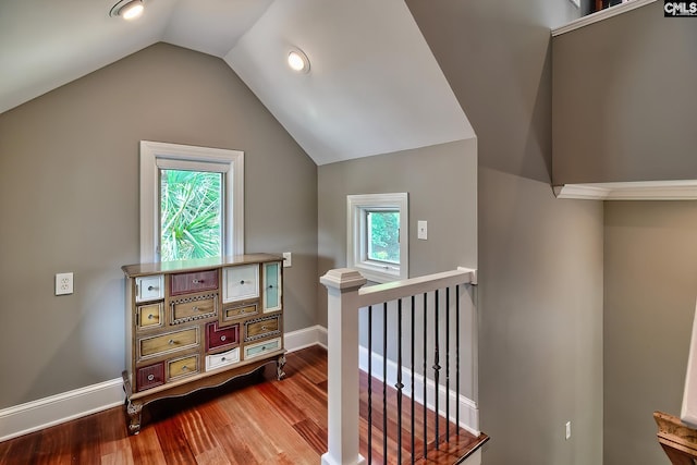 additional living space featuring plenty of natural light, vaulted ceiling, baseboards, and wood finished floors