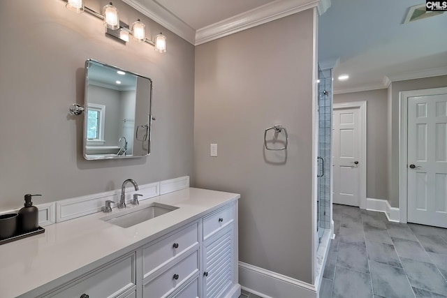 full bath with visible vents, baseboards, vanity, a shower, and crown molding