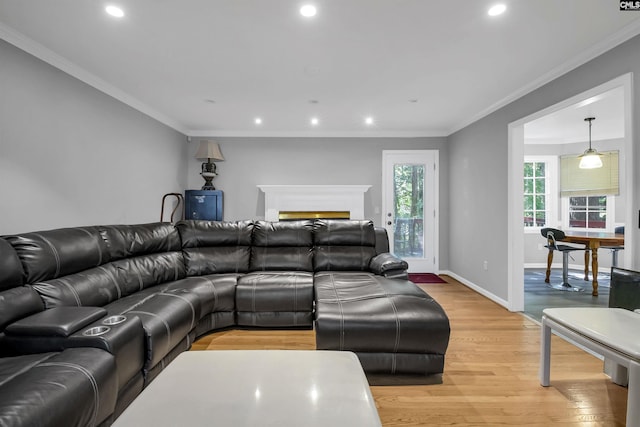 living room featuring light hardwood / wood-style flooring and ornamental molding