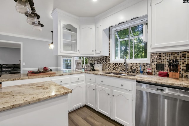 kitchen featuring dishwasher, white cabinets, dark hardwood / wood-style floors, and sink