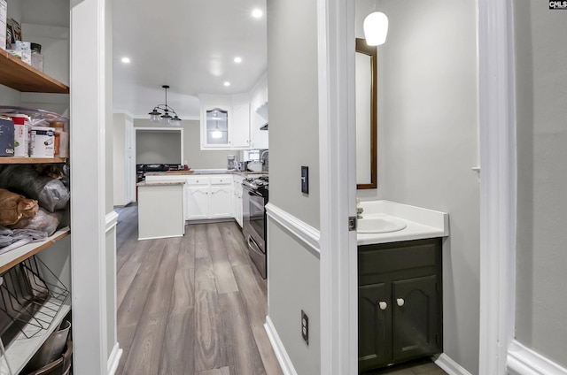 interior space with hardwood / wood-style flooring and vanity