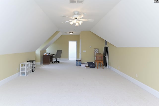 bonus room with ceiling fan, carpet, and vaulted ceiling