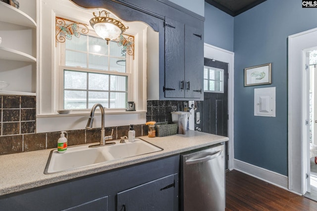 kitchen featuring stainless steel dishwasher, backsplash, blue cabinetry, and sink