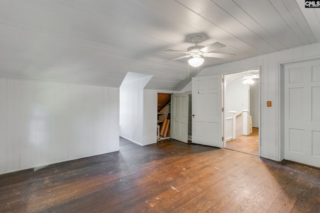 additional living space with vaulted ceiling, ceiling fan, and dark hardwood / wood-style floors