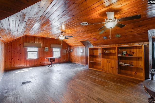 bonus room with ceiling fan, dark wood-type flooring, wooden ceiling, wood walls, and lofted ceiling