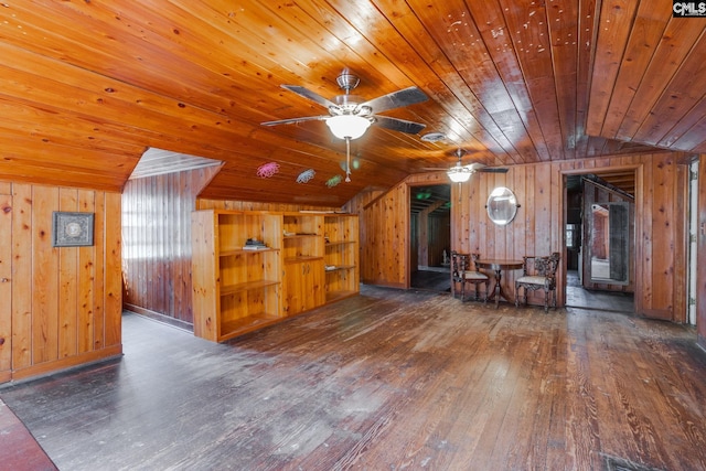 additional living space featuring dark hardwood / wood-style floors, wooden walls, wooden ceiling, and lofted ceiling