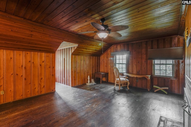 bonus room with wooden ceiling, dark hardwood / wood-style floors, ceiling fan, and lofted ceiling