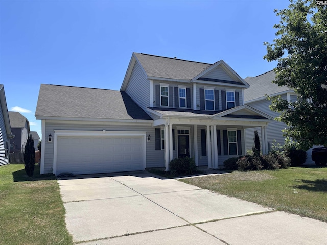 view of front of home featuring covered porch, a front yard, and a garage