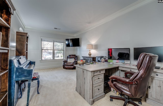 carpeted office space with ornamental molding