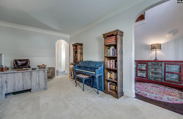 office area with light colored carpet and ornamental molding