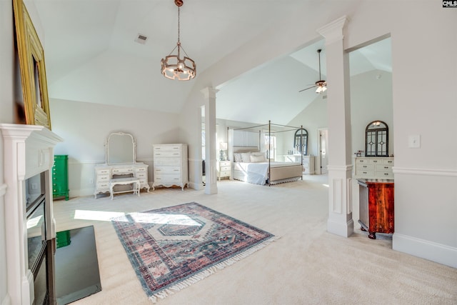 carpeted bedroom featuring high vaulted ceiling and a chandelier