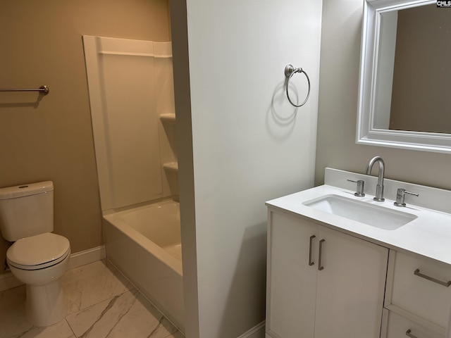 full bathroom featuring washtub / shower combination, vanity, and toilet