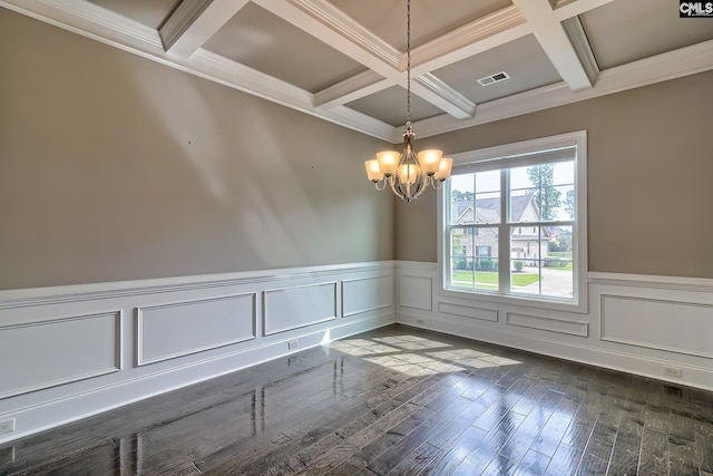 unfurnished dining area with dark wood-type flooring, coffered ceiling, ornamental molding, beamed ceiling, and a notable chandelier