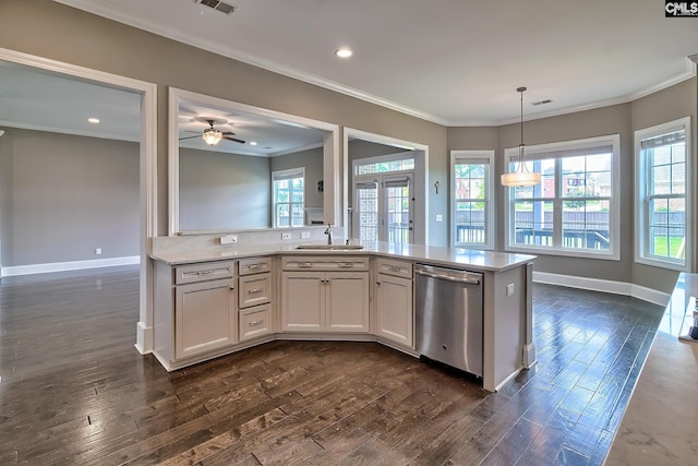 kitchen featuring dark wood-type flooring, white cabinets, sink, stainless steel dishwasher, and ceiling fan