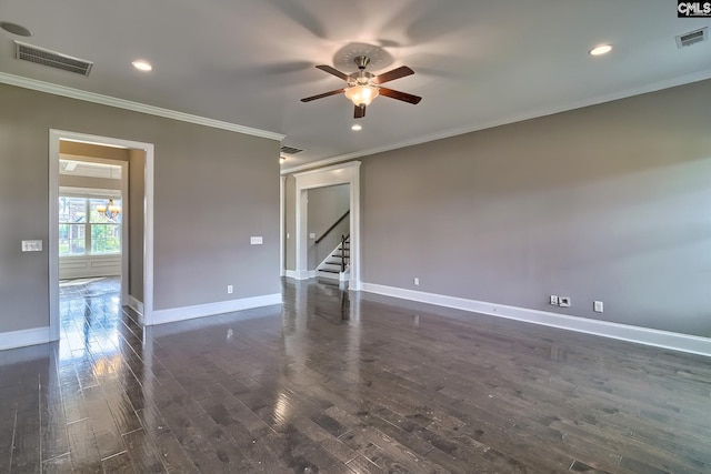 unfurnished room with ceiling fan, dark wood-type flooring, and ornamental molding