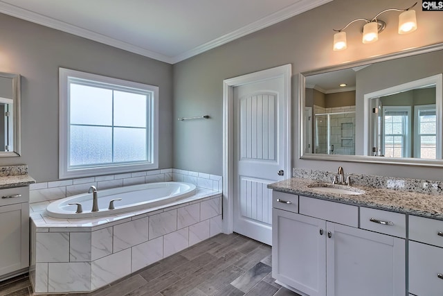 bathroom featuring vanity, crown molding, and plus walk in shower