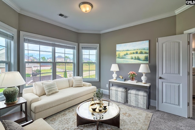 carpeted living room with crown molding