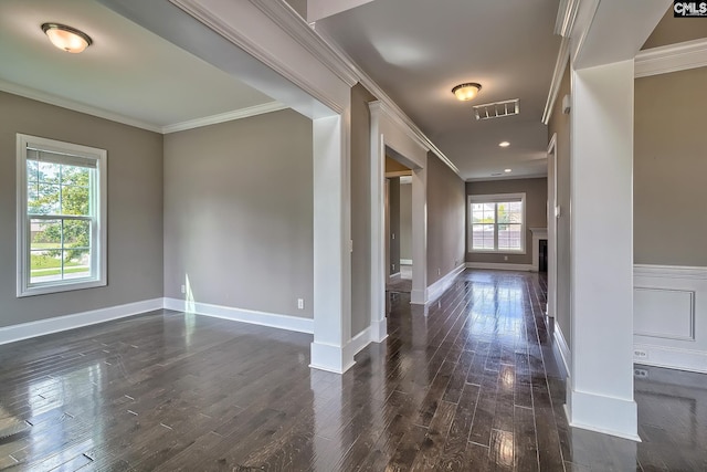 interior space featuring dark hardwood / wood-style floors and crown molding