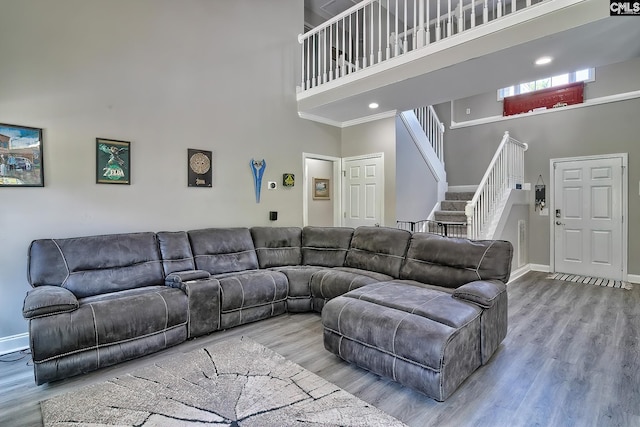 living room featuring wood-type flooring, crown molding, and a high ceiling