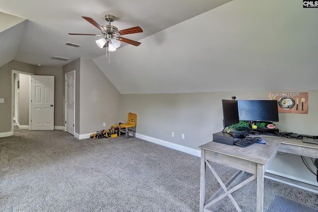 office with carpet floors, ceiling fan, and lofted ceiling