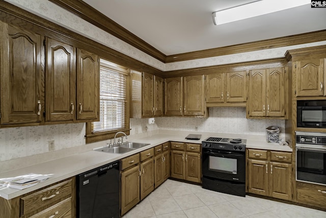 kitchen with sink, light tile patterned floors, black appliances, and ornamental molding